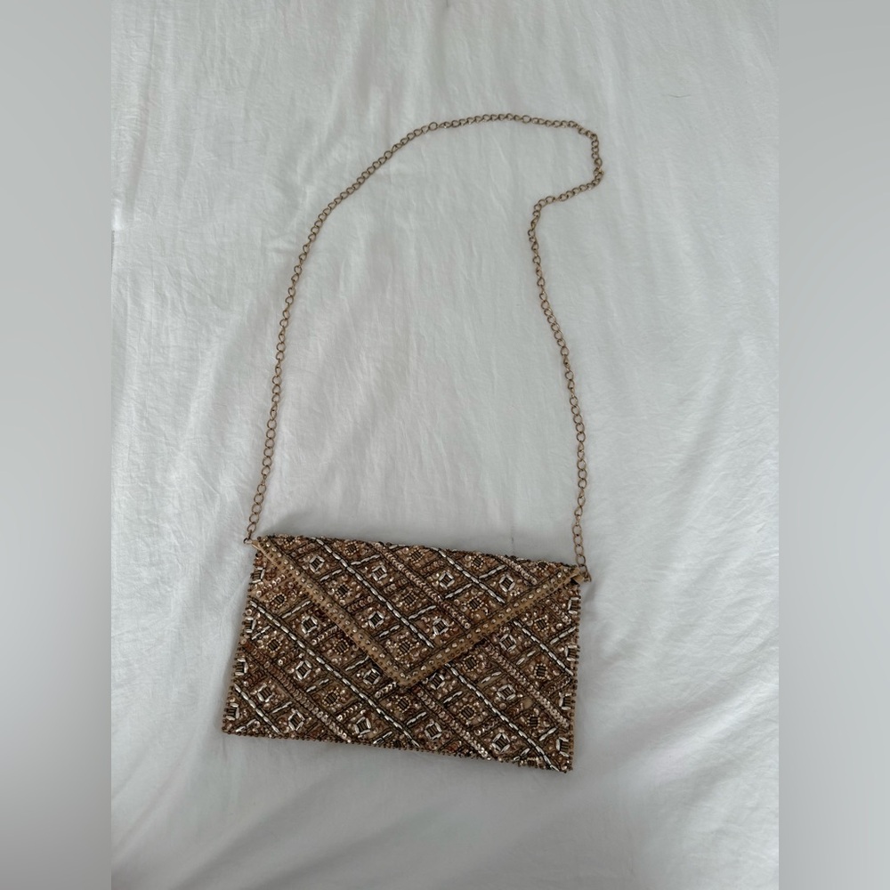 Gold and Silver Beaded Clutch with Chain